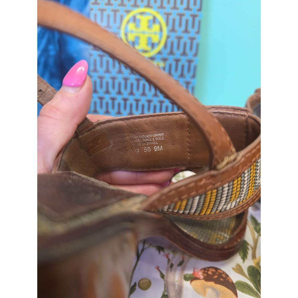 Tory Burch Florian Aztec Block Heel Sandals Tan Leather Ankle Strap Women 9 M - Picture 10 of 13